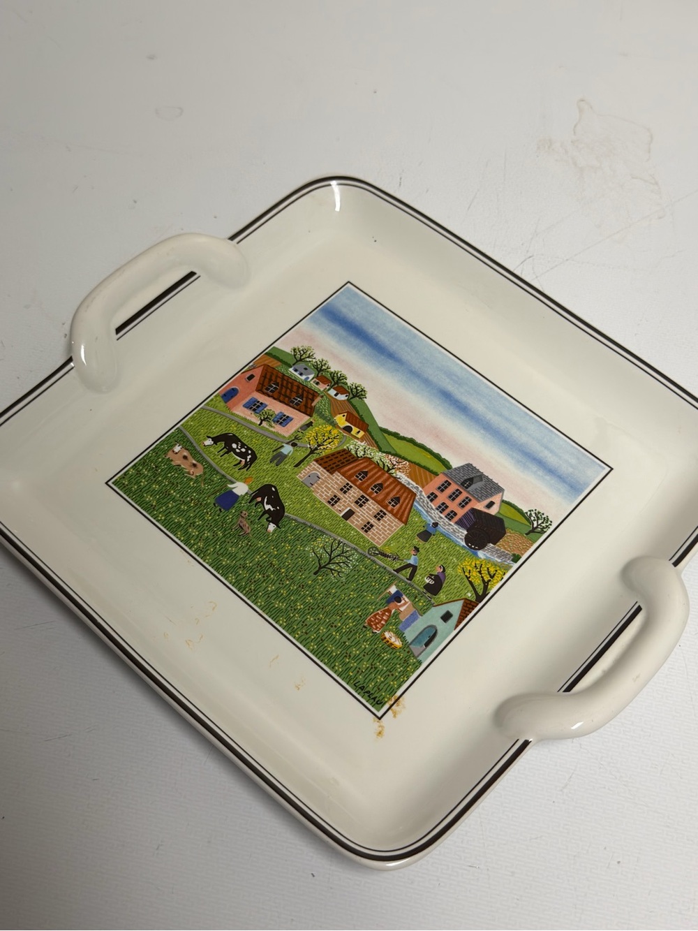 Vintage Farm Scene Ceramic Serving Tray/Decor